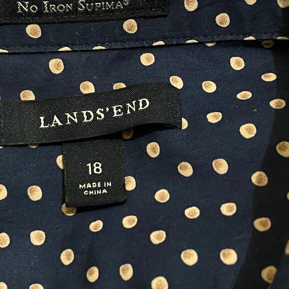 NEW Lands'End Supima No-Iron Sz 18 Blouse Shirt Long Sleeve Navy Polka Dot - Picture 9 of 12